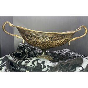 Vintage Metal Table Centerpiece Bowl Pedestal Embossed Fruit with Handles 16" L